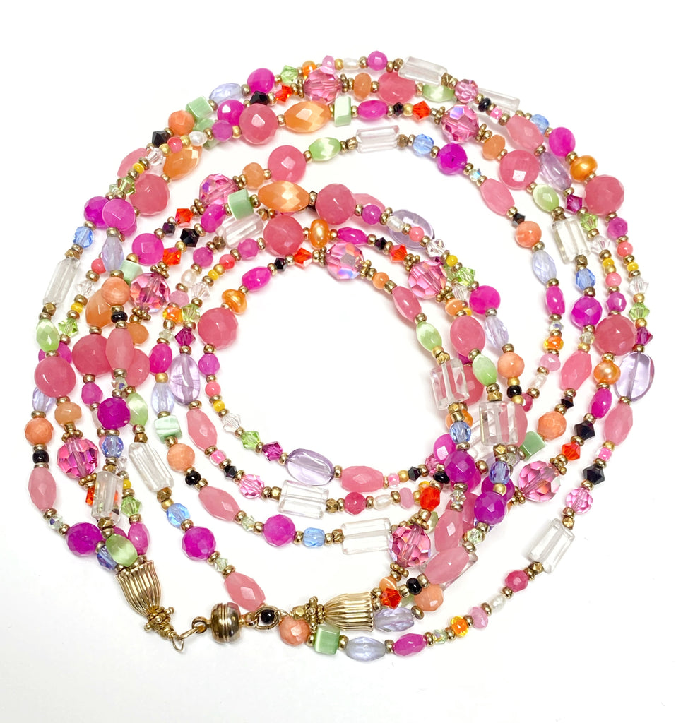 Summer Pink, Lavender Gemstone and Crystal Multi Strand Necklace