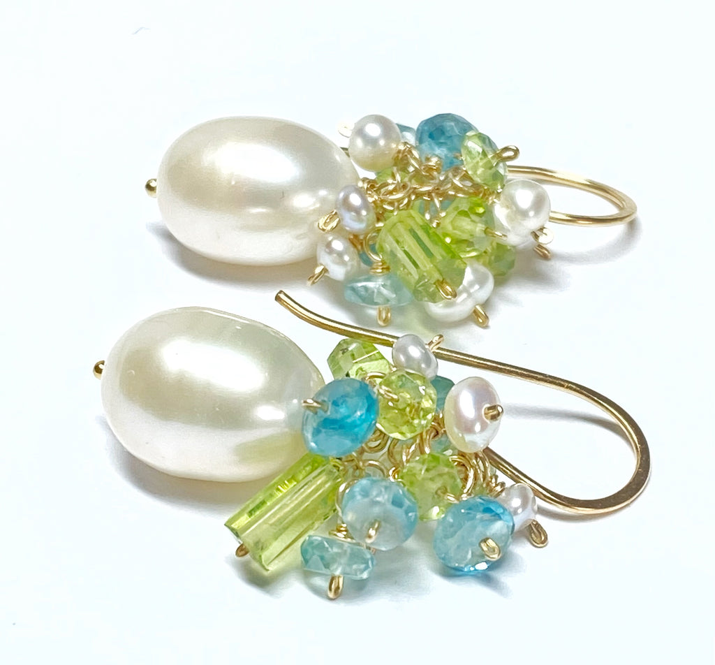 Pearl and Peridot, Blue Zircon Cluster Earrings Gold Fill