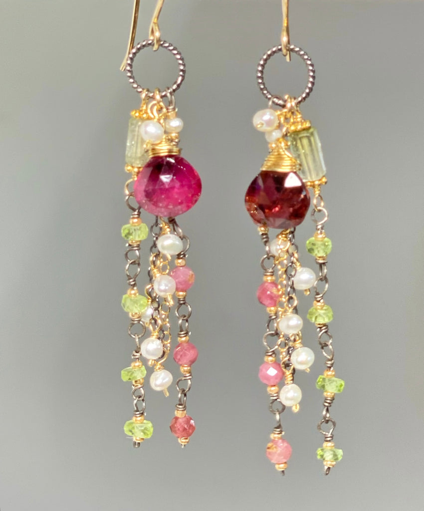 Rubellite Pink Tourmaline Gemstone Mixed Metal Long Dangle Earrings