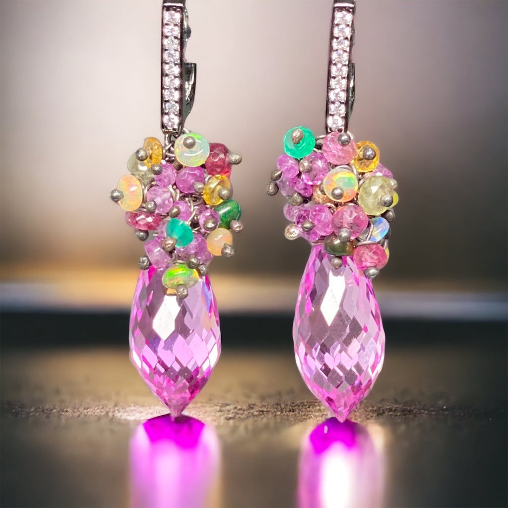 Pink Topaz and Opal Sapphire Cluster Earrings in Oxidized Silver - Doolittle