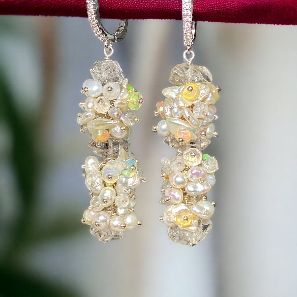 Herkimer Diamond Welo Ethiopian Opal Cluster Earrings Sterling Silver