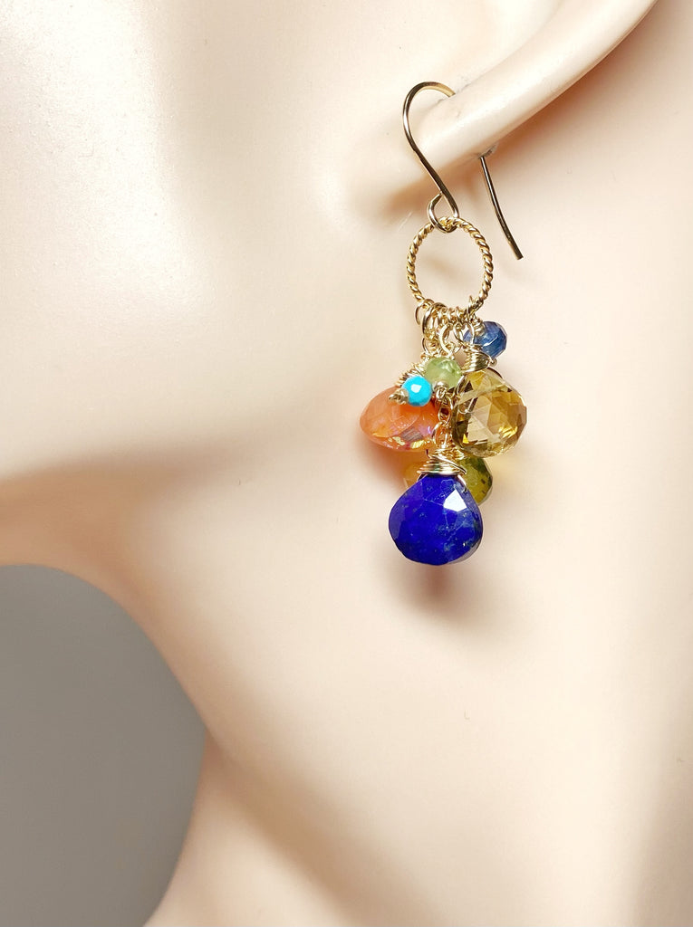 Colorful Gemstone Gold Dangle Earrings Citrine Blue Lapis Carnelian 2