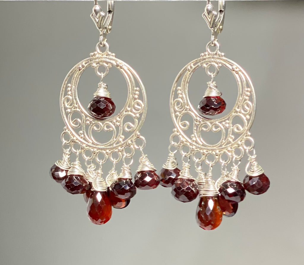 Garnet Chandelier Earrings Sterling Silver Garnet Hoops