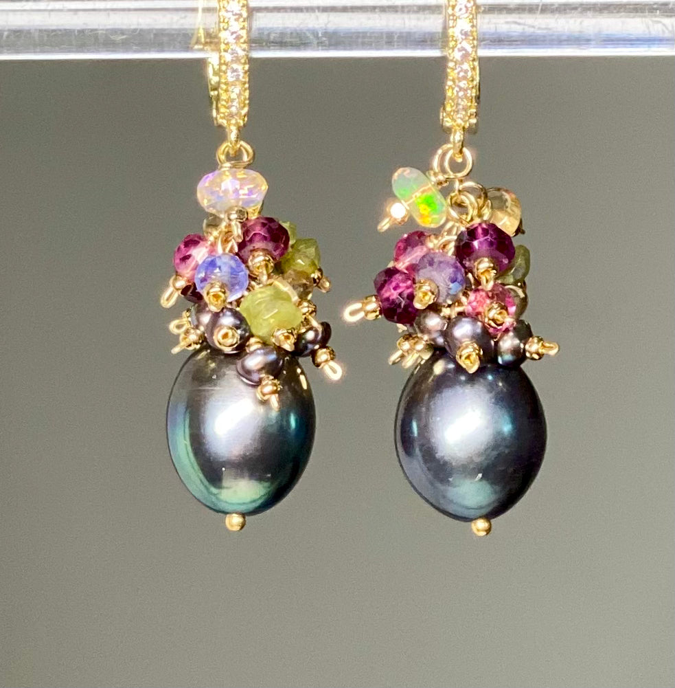 Gray Pearl Earrings with Gemstone Clusters in 14 kt Gold Fill