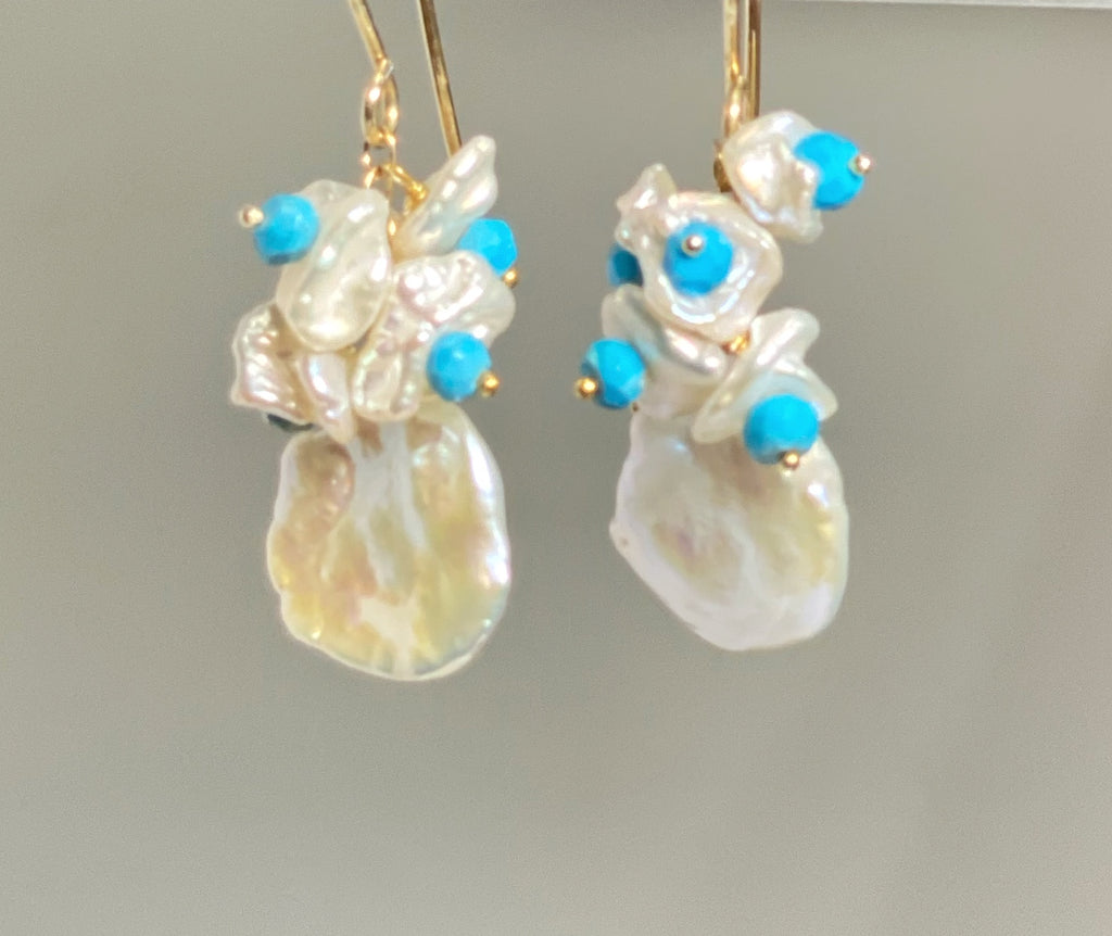 Keishi Pearl Turquoise Cluster Wedding Earrings