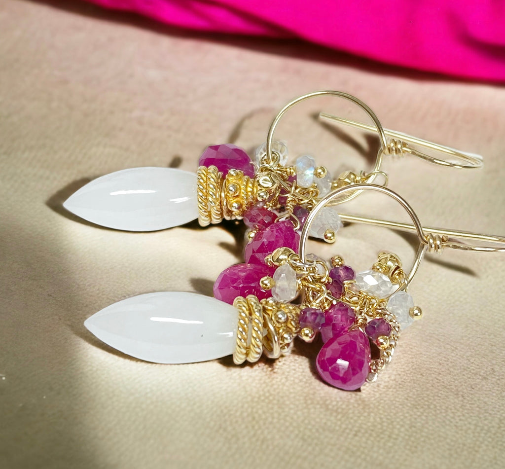 gold fill hoop earrings with rubies, moonstone, garnet and white aventurine