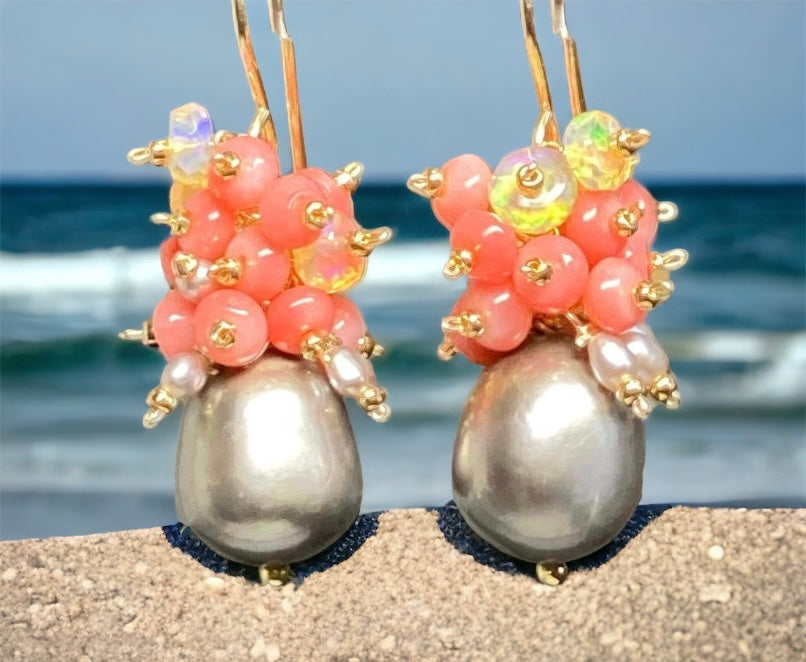 Pearl and Coral Cluster Earrings with Opals