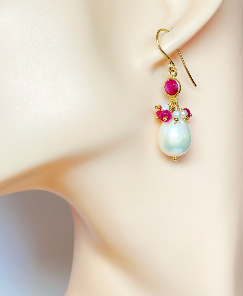 Pearl, Gemstone Cluster, Ruby and Dangle Earrings