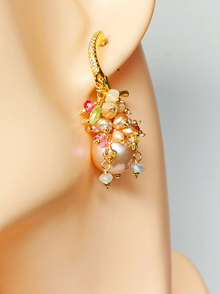 Pink Round Pearl and Gem Cluster Wedding Earrings with Tsavorite