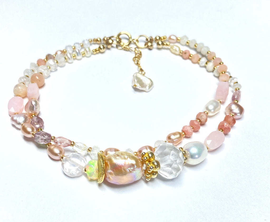 Pink Gemstone and Pearl Knotted Bracelet for Women