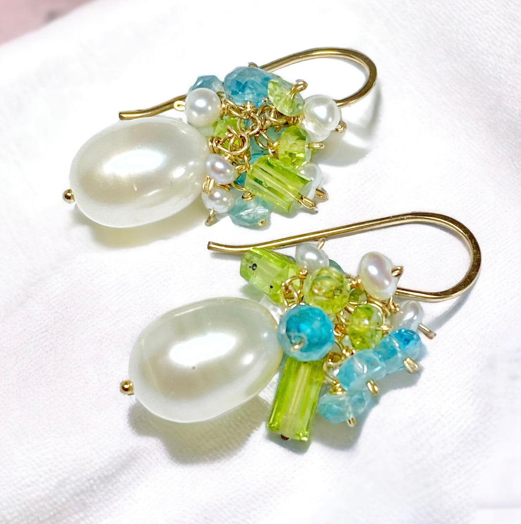 Pearl and Peridot, Blue Zircon Cluster Earrings Gold Fill