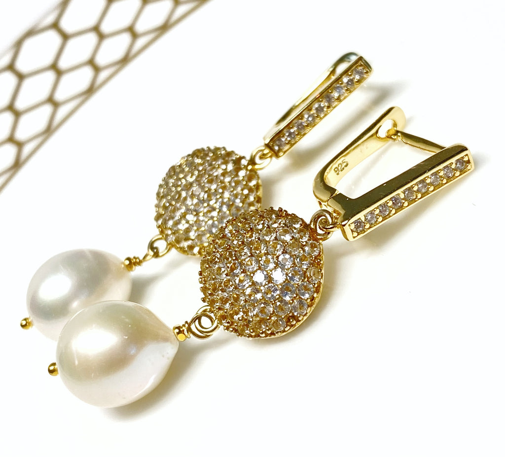 Ivory Pearl Diamond Look Earring Pave White Topaz - Doolittle