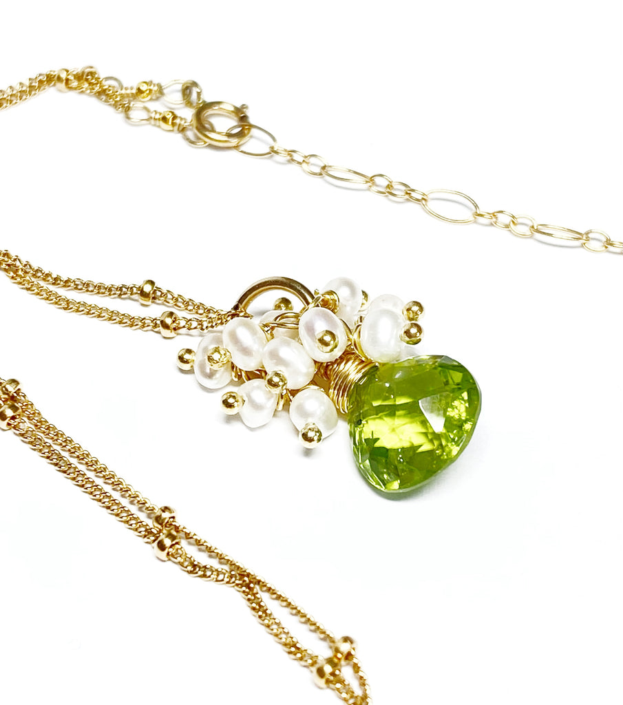 Peridot Gemstone Pendant Gold Fill with Pearl Clusters