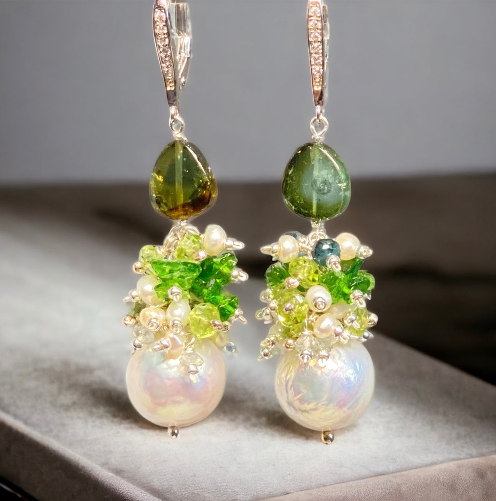 Baroque Edison Pearl and Green Gemstone Cluster Earrings