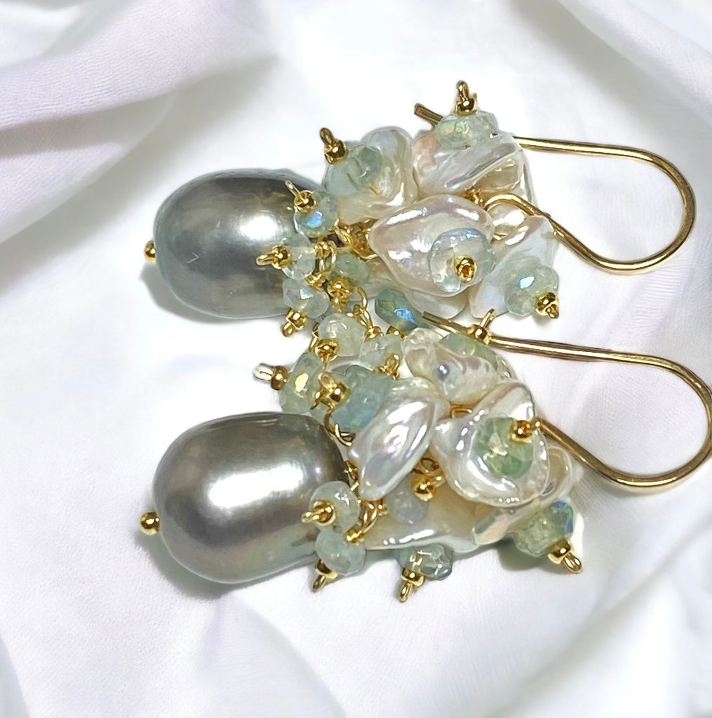 Silver Gray Pearl and Keishi Pearl Cluster Earrings with Aquamarine