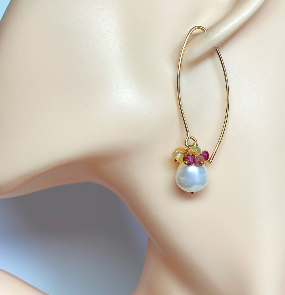 Ruby and Opal Cluster Long Pearl Earrings