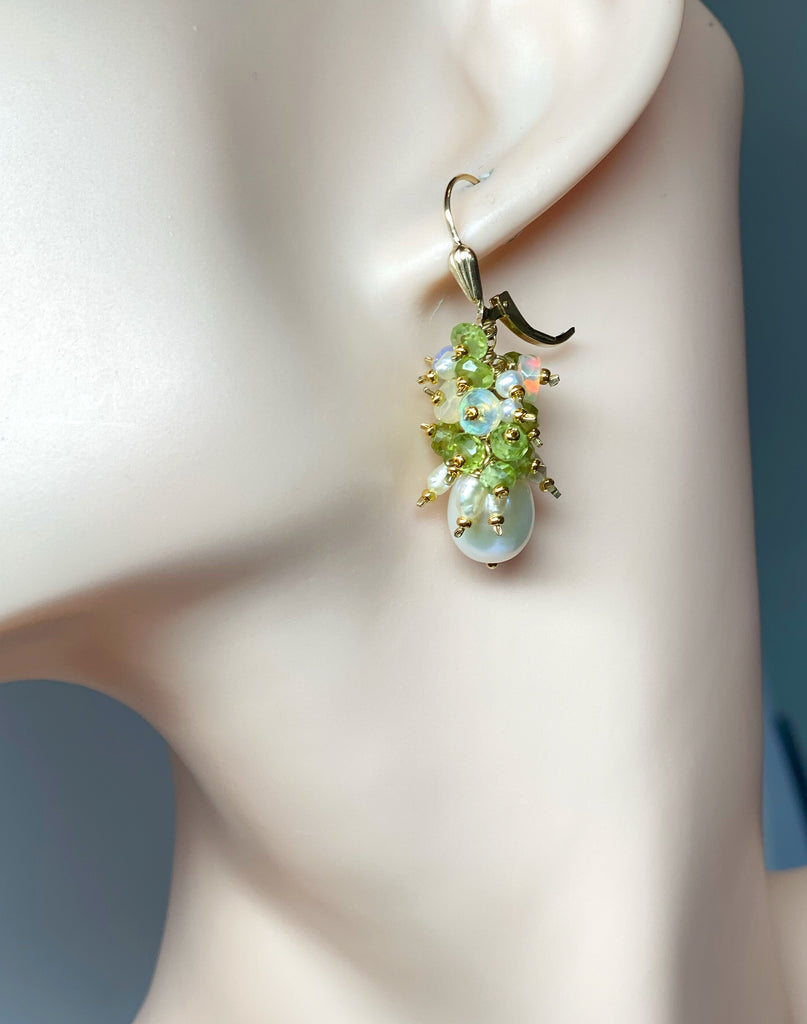 Peridot, Opal, Pearl Cluster Earrings Gold Fill