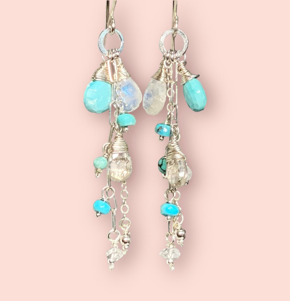 Artisan handmade Sleeping Beauty turquoise and rainbow moonstone chain dangle earrings in sterling silver elegant boho style