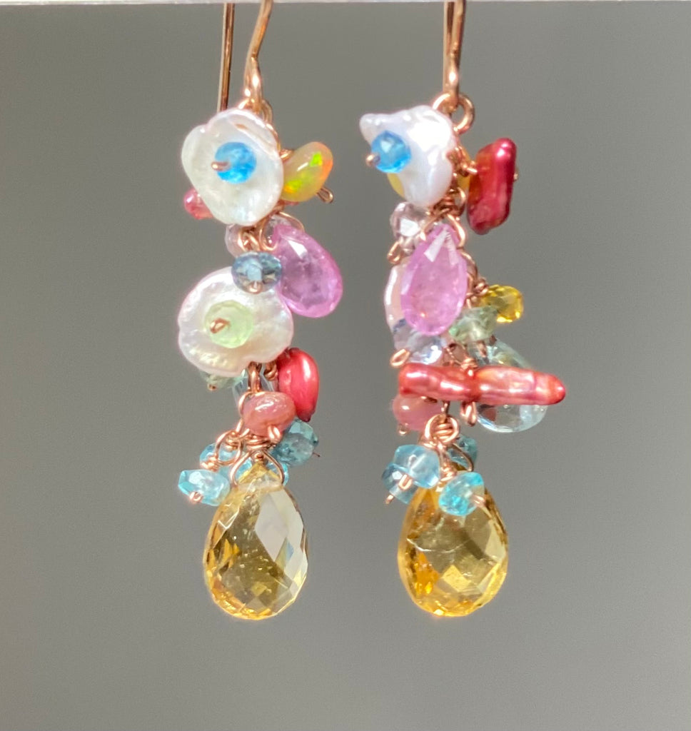 Rose Gold, Gemstone and Keishi Pearl Dangle Earrings