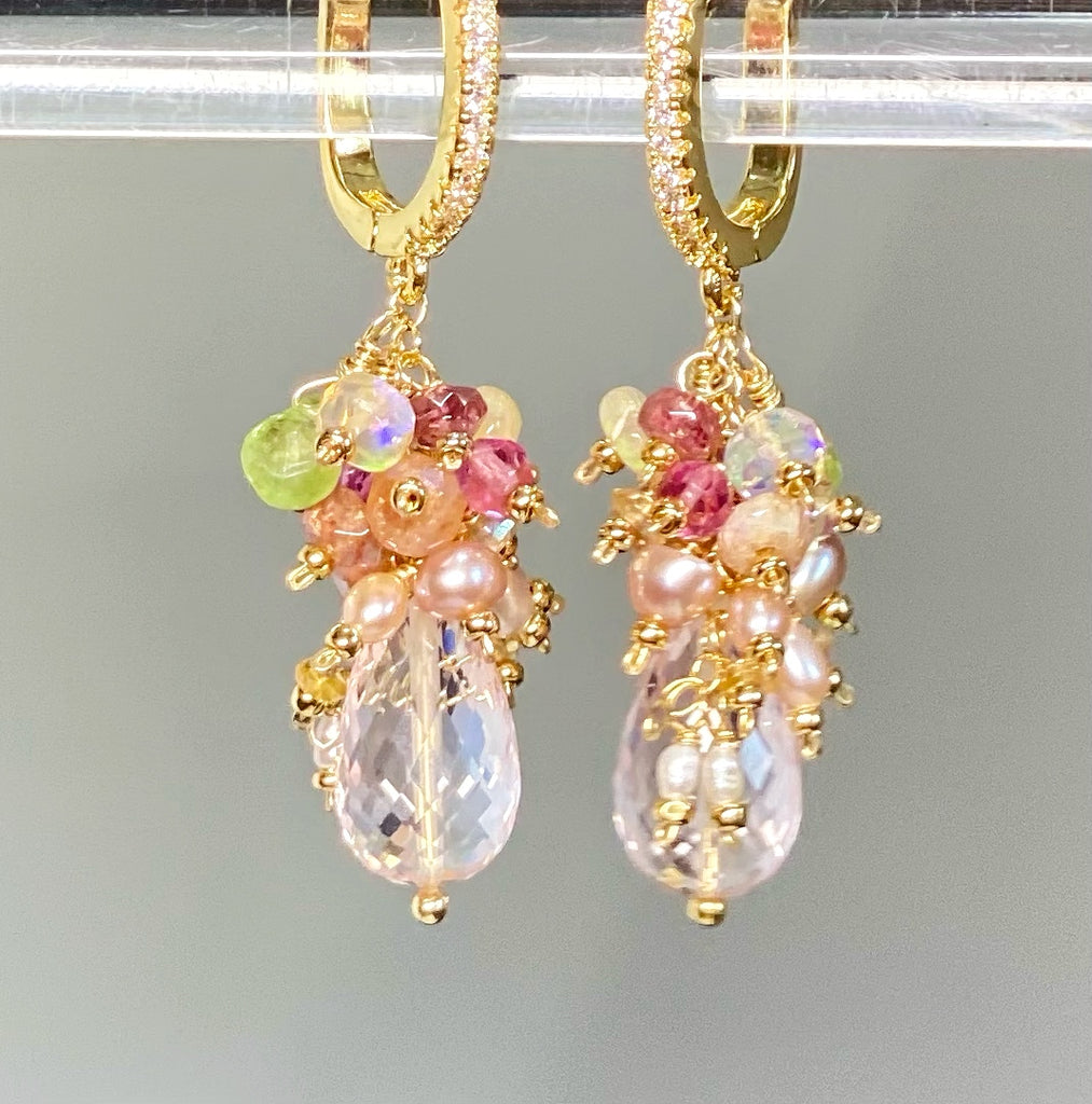 Pink Rose Quartz Briolette Multi Gemstone Cluster Earrings Gold Fill