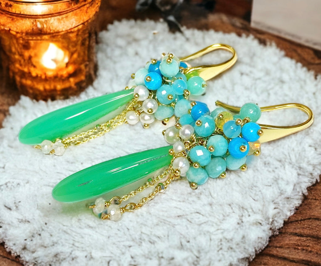 Green, Turquoise, Opal, Amazonite, Pearl Cluster Earrings Gold