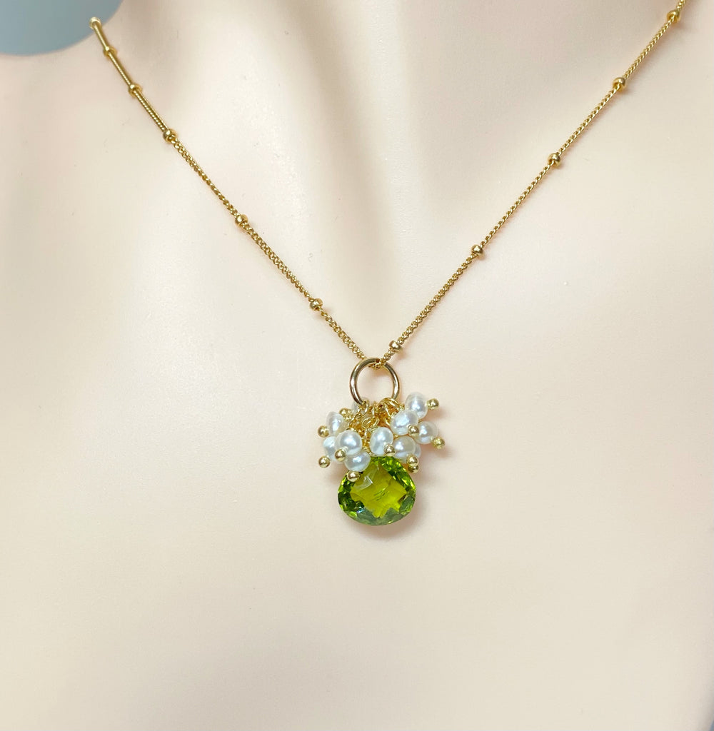 Peridot Gemstone Pendant Gold Fill with Pearl Clusters