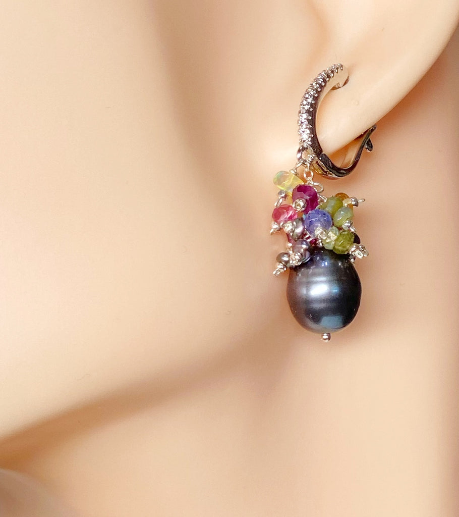 handcrafted black pearl earrings with gemstone cluster sterling silver