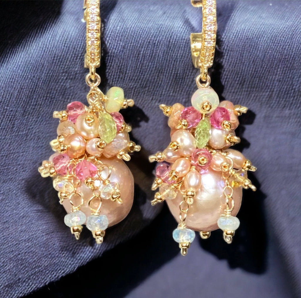 Pink Round Pearl and Gem Cluster Wedding Earrings with Tsavorite