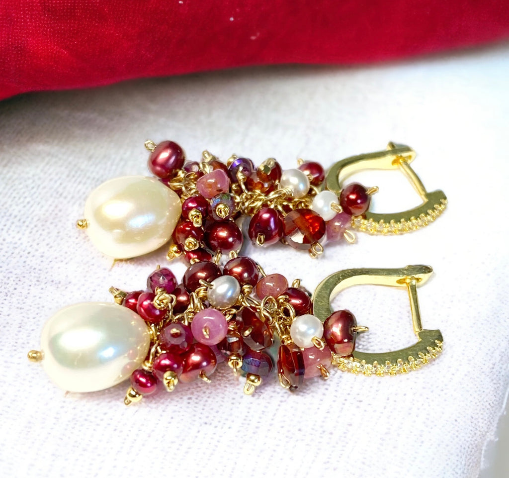 Pearl Earrings with Clusters of Garnet, Pink Sapphire and Red Pearls