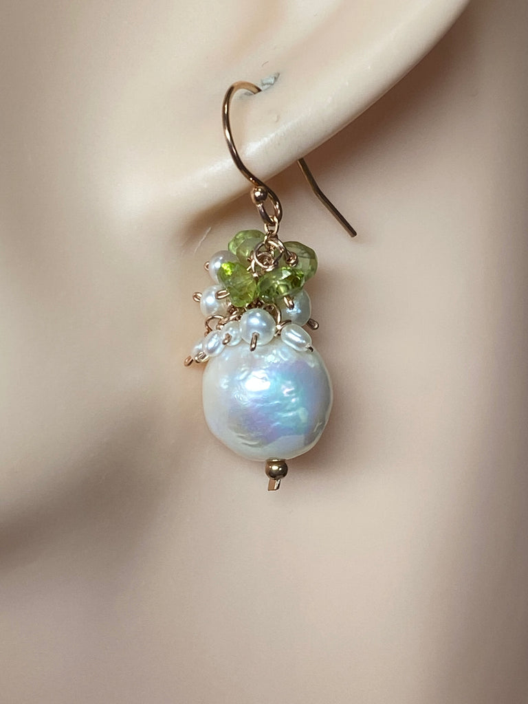 Peridot and Edison Pearl Cluster Earrings, Gold Fill, Rose Gold, Sterling Silver