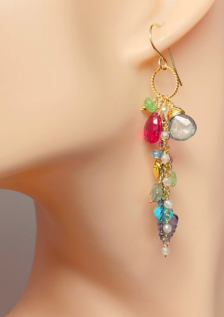 magenta topaz with colorful gemstone dangles on chains boho luxe style