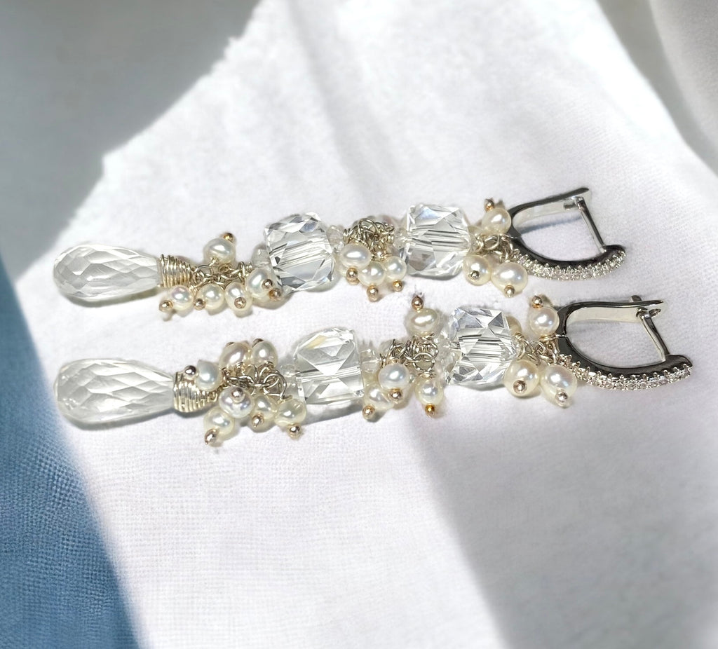 Crystal Quartz Long Wedding Earrings Sterling Silver - Doolittle