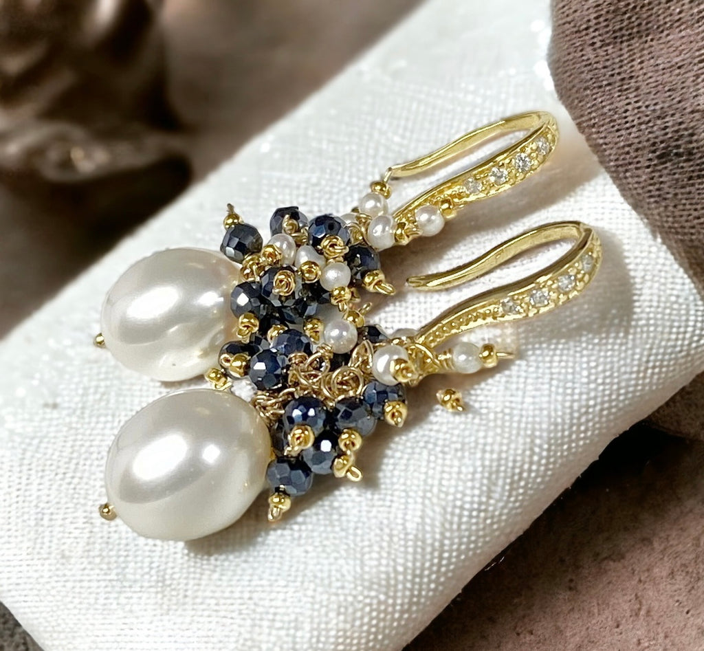 white pearl black spinel cluster earrings