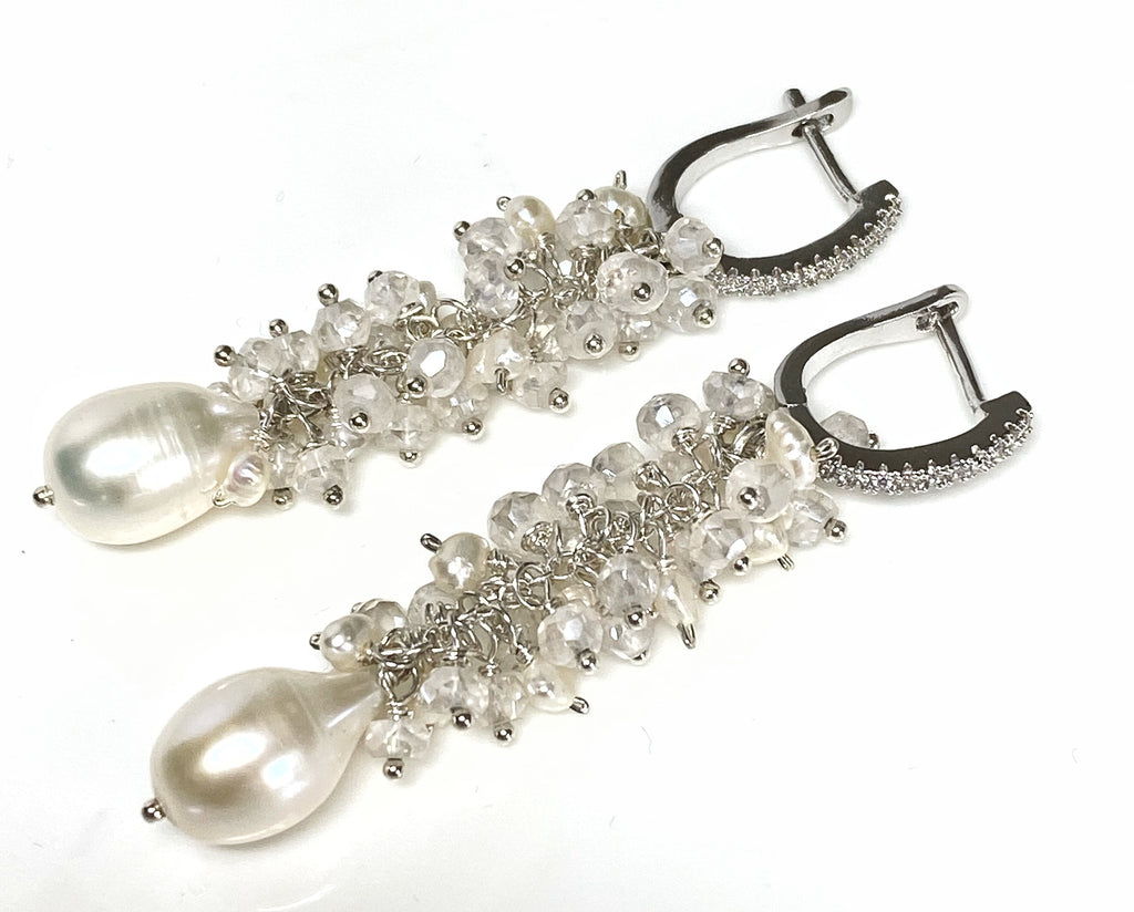 Long Mystic Quartz and Pearl Dangle Diamond Look Earrings - Doolittle