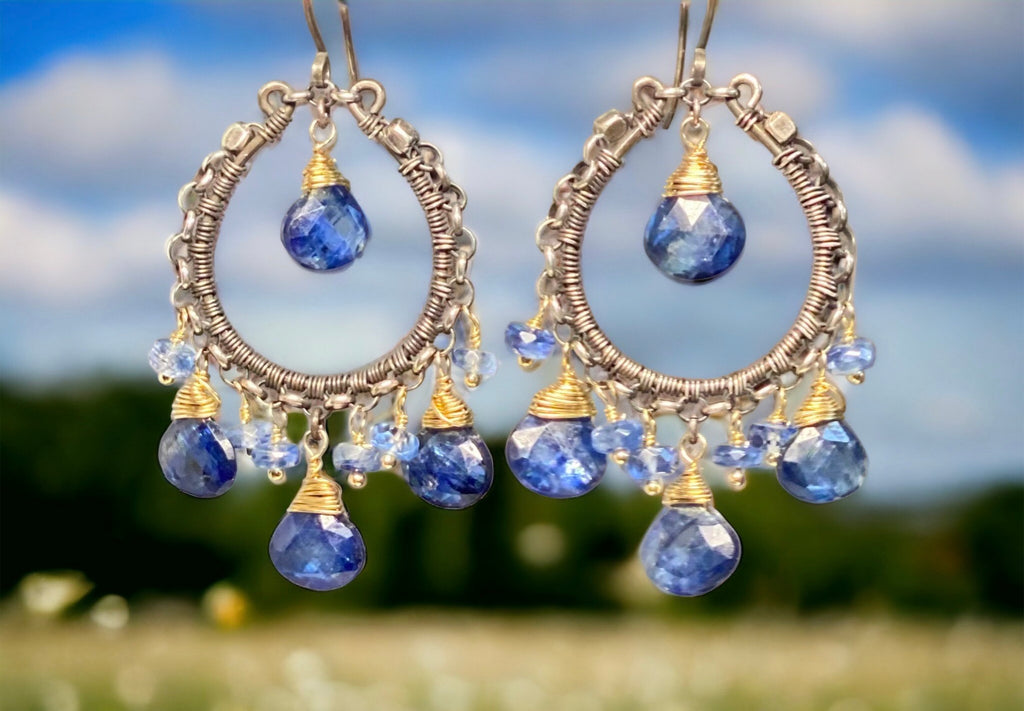 Blue Kyanite Gemstone Mixed Metal Hoop Earrings Gold Fill Oxidized Sterling Silver