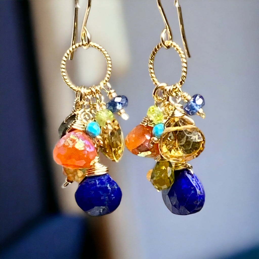 Colorful Gemstone Gold Dangle Earrings Citrine Blue Lapis Carnelian 2
