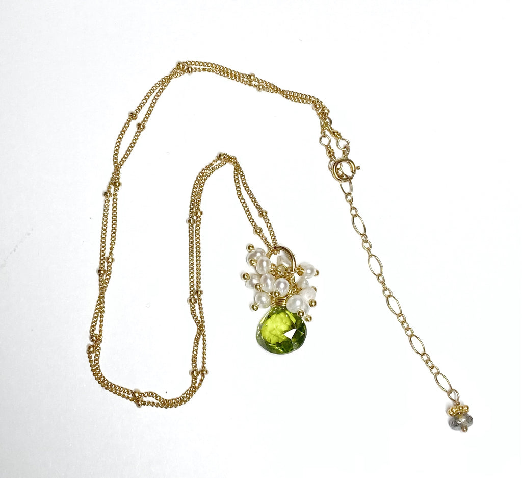 Peridot Gemstone Pendant Gold Fill with Pearl Clusters