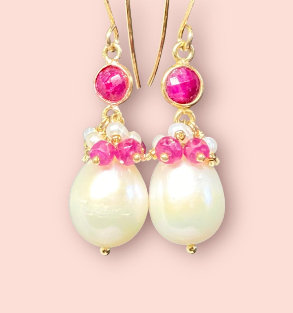 Creamy white pearl earrings with clusters of ruby gemstones and tiny pearls in Gold Fill