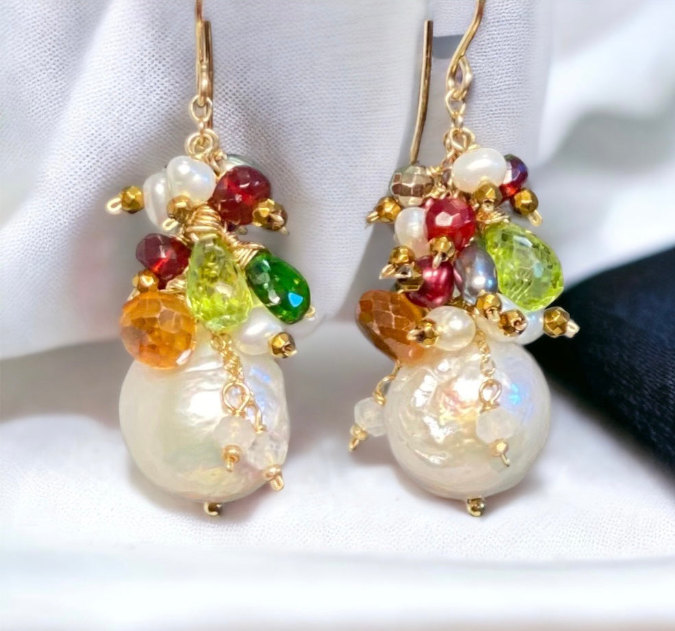 Fall Wedding Pearl Earrings; colorful gemstone and pearl cluster earrings; post or lever back; gold fill