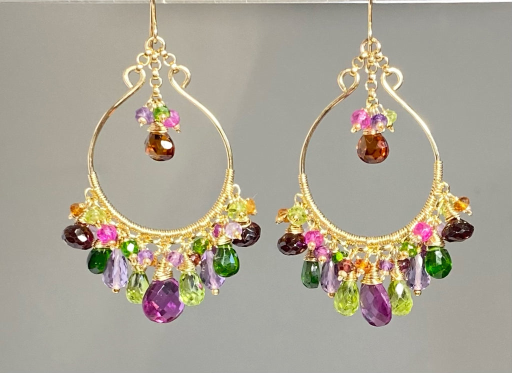 Laveder violet statement multi gemstone chandelier hoop earrings in gold fill