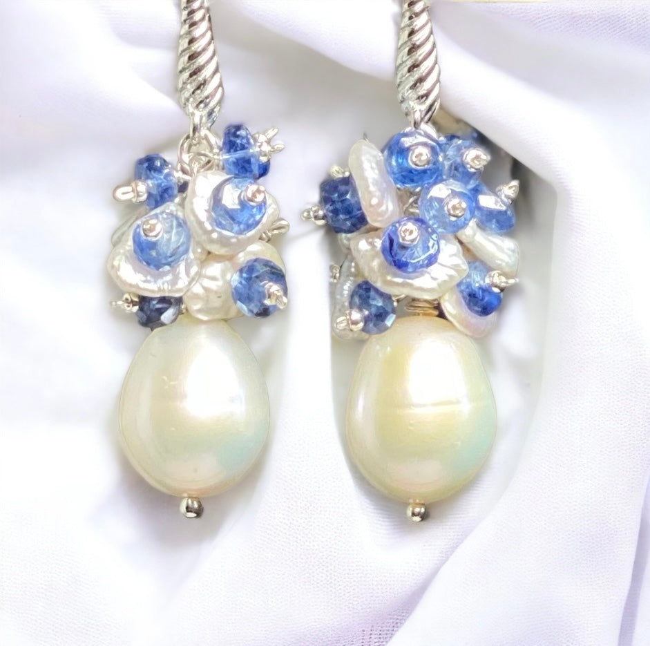 Pearl and Blue Gem Kyanite Cluster Earrings Sterling Silver