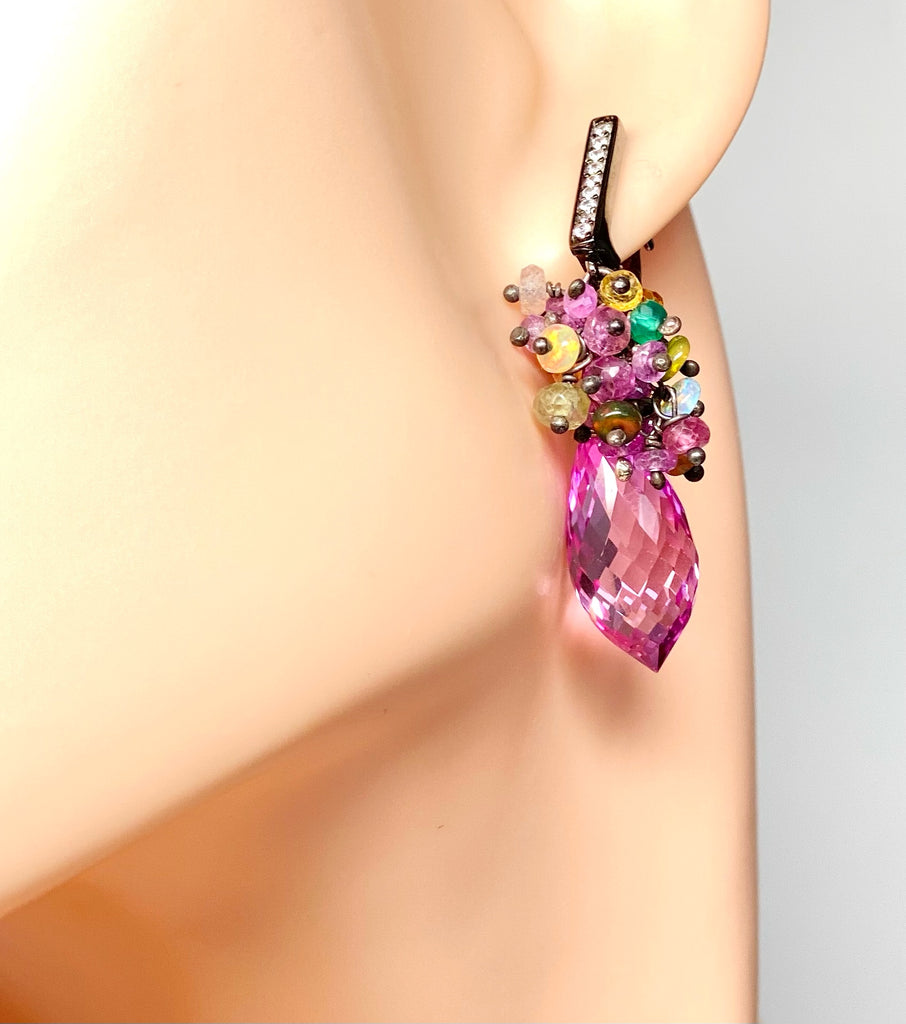 Pink Topaz and Opal Sapphire Cluster Earrings in Oxidized Silver - Doolittle