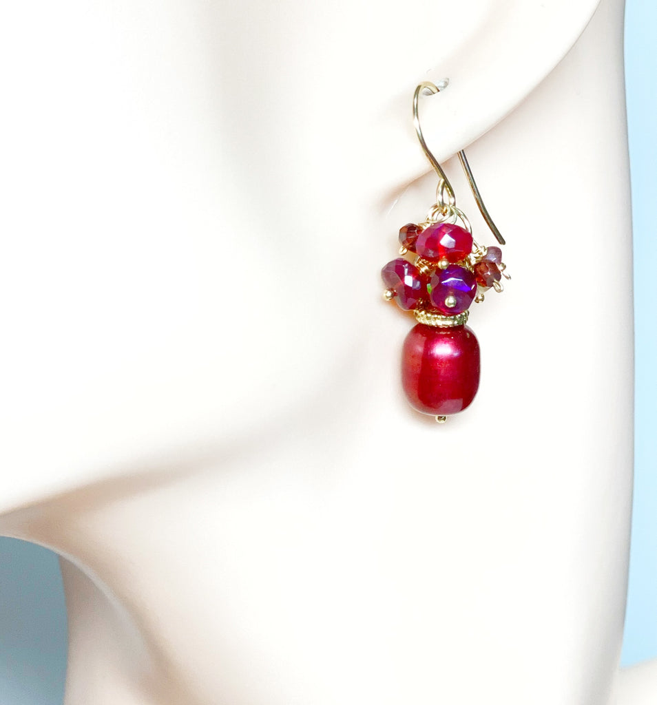 Red Pearl, Opal and Garnet Long Cluster Earrings Gold