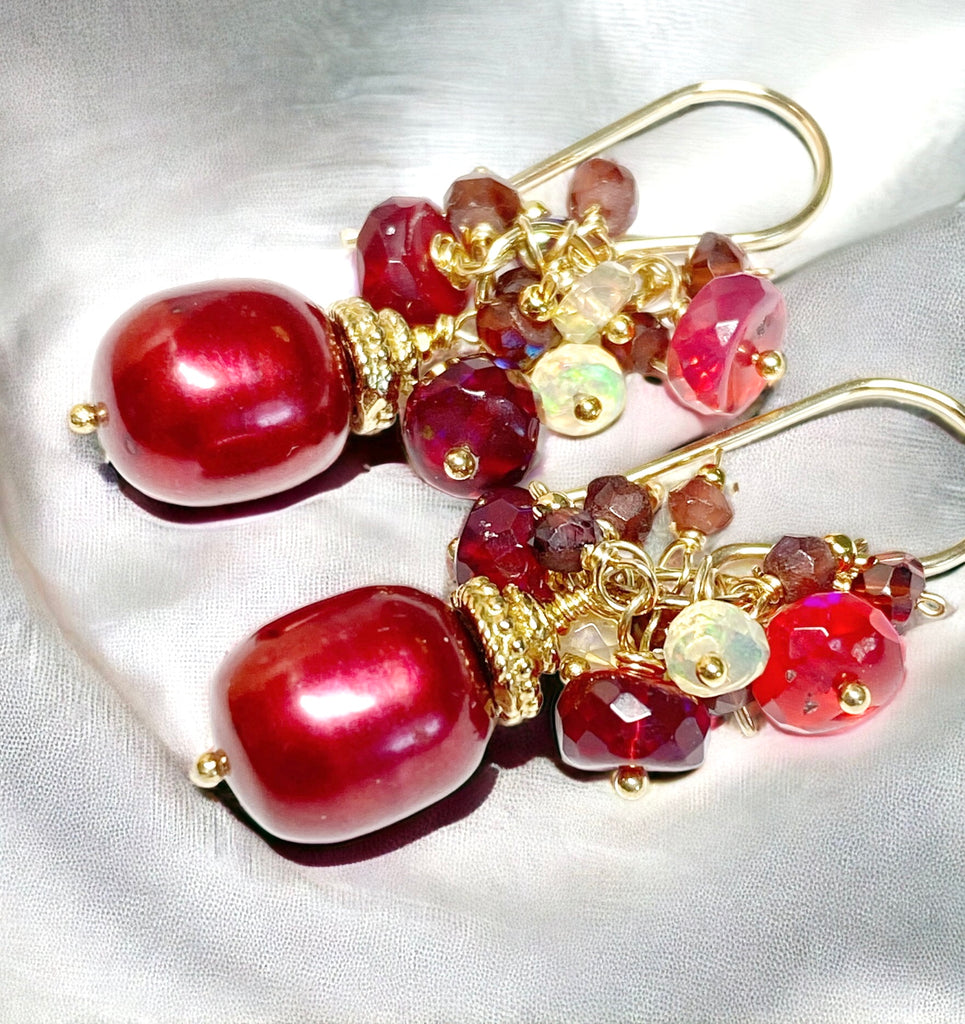 red pearl, red gemstone wedding earrings