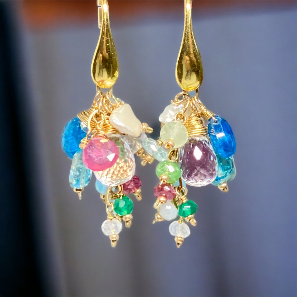 Crystal Quartz Dangle Earrings with Multi Gemstone Cluster, Aqua Blue Pink