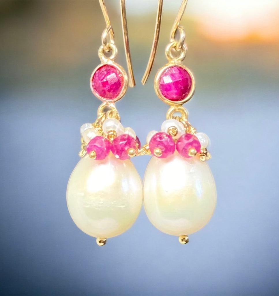 Ivory freshwater pearls with clusters of rubies and pearls and ruby connector earrings