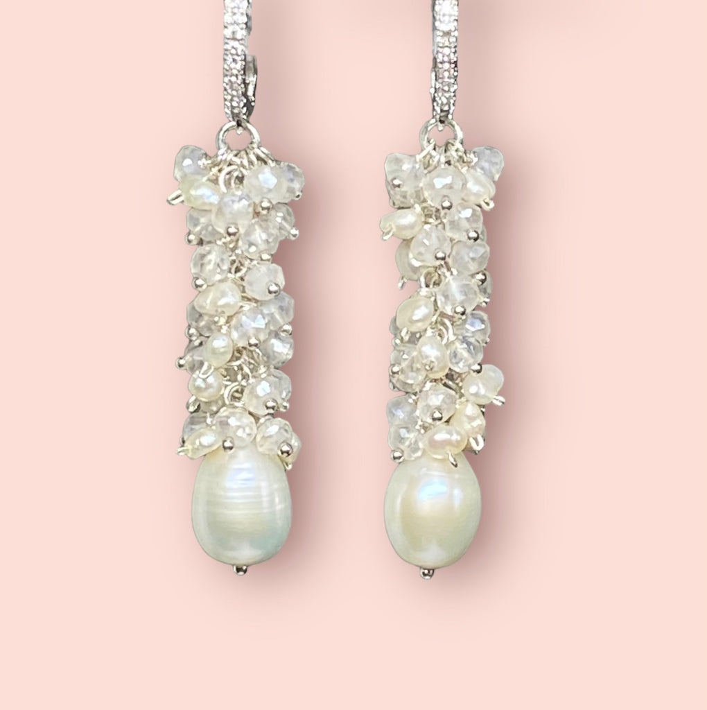 pearl and mystic quartz long cluster earrings sterling silver