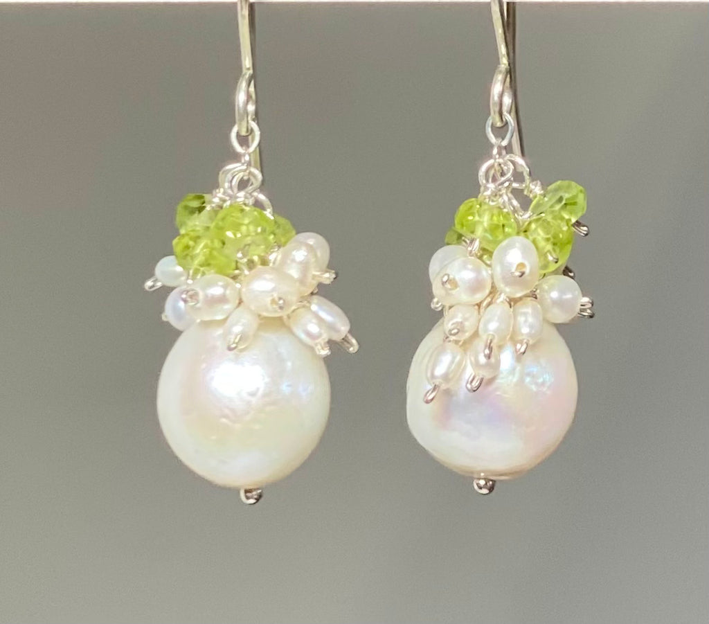 Peridot and Edison Pearl Cluster Earrings, Gold Fill, Rose Gold, Sterling Silver
