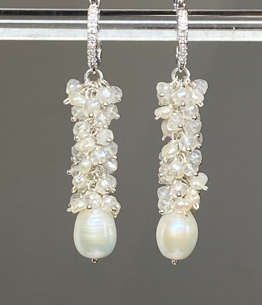 Long Mystic Quartz and Pearl Dangle Diamond Look Earrings - Doolittle