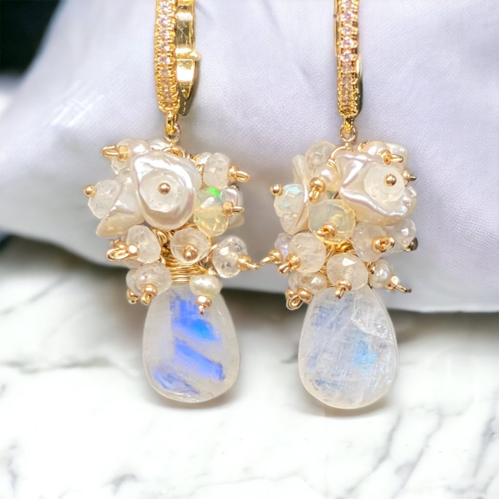 Rainbow Moonstone Keishi Pearl Opal Cluster Bridal Earrings 14 kt Gold Fill